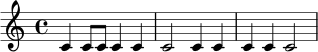 
\relative c' {
  \time 4/4
  c4 c8 c c4 c |
  c2 c4 c |
  c4 c c2 |
}

