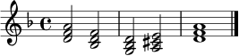 \relative c' {
\key d \minor
\time 4/4
<d f a>2 <bes d f> |
<g bes d>2 <a cis e> |
<d f a>1 |
\bar "|."
}