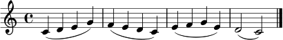 \relative c' {
\clef treble
\time 4/4
\key c \major
c4( d e g) | f( e d c) | e( f g e) | d2( c2) \bar "|."
}