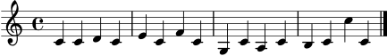 \version "2.22.0"
\language "deutsch"
\header { tagline = "" }
\score {
\new Staff \relative c' {
\clef treble
\time 4/4
c4 c d c
e c f c
g c a c
h c c' c,
\bar "|."
}
\layout { }
\midi { \tempo 4 = 70 }
}