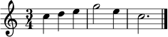 \relative c'' { \set Staff.midiInstrument = "flute" \time 3/4 c4 d e | g2 e4 | c2. \bar "|." }