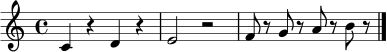 \relative c' { \clef treble \time 4/4 c4 r d r | e2 r2 | f8 r g r a r b r | \bar "|." }