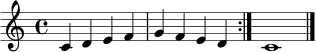 \relative c' {
\clef treble
\time 4/4
\repeat volta 2 { c4 d e f | g4 f e d | }
c1 \bar "|."
}
