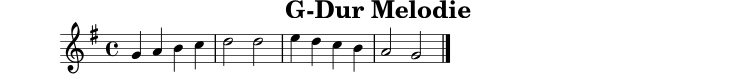
X:6
T:G-Dur Melodie
M:4/4
L:1/4
K:G
G A B c | d2 d2 | e d c B | A2 G2 |]

