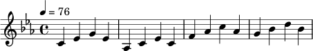 \relative c' {
\key c \minor
\time 4/4
\tempo 4 = 76
c4 ees g ees | aes,4 c ees c |
f4 aes c aes | g4 bes d bes |
}