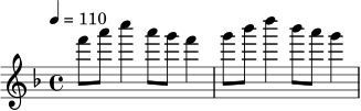 \relative c''' {
\set Staff.midiInstrument = "piccolo"
\key f \major
\time 4/4
\tempo 4 = 110
f8 a8 c4 a8 g8 f4 |
g8 bes8 d4 bes8 a8 g4 |
}
