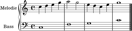 melodie = \relative c'' { \key c \major \time 4/4 c4 d e g | a2 g2 | e4 d c e | g1 \bar "|." }
bass = \relative c { \clef bass \key c \major \time 4/4 c1 | f1 | g1 | c1 \bar "|." }
\score {
\new PianoStaff <<
\new Staff = "oben" \with { instrumentName = "Melodie" } { \melodie }
\new Staff = "unten" \with { instrumentName = "Bass" } { \bass }
>>
\layout { }
\midi { \tempo 4 = 88 }
}