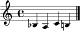 \relative c' { \time 4/4 bes4 a c b \bar "|." }