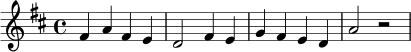 \relative c' {
\key d \major
\time 4/4
fis4 a fis e | d2 fis4 e |
g4 fis e d | a'2 r2
}