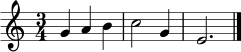 \relative c'' { \set Staff.midiInstrument = "flute" \time 3/4 g4 a b | c2 g4 | e2. \bar "|." }