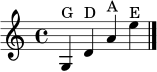 { \clef treble \time 4/4 \set Staff.midiInstrument = "violin" g4^"G" d'^"D" a'^"A" e''^"E" \bar "|." }