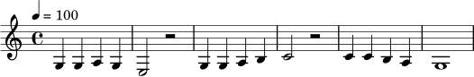 \relative c' {
\time 4/4
\tempo 4 = 100
g4 g a g | e2 r2 |
g4 g a b | c2 r2 |
c4 c b a | g1
}