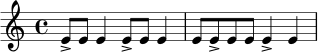 \relative c' {
\time 4/4
e8-> e e4 e8-> e e4 | e8 e-> e e e4-> e
}