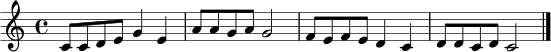 \relative c' { \clef treble \key c \major \time 4/4 c8 c d e g4 e | a8 a g a g2 | f8 e f e d4 c | d8 d c d c2 \bar "|." }