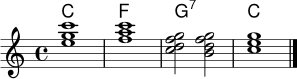 
<<
  \new ChordNames \chordmode {
    c1 f g:7 c
  }
  \new Staff \relative c'' {
    \key c \major
    \time 4/4
    <e g c>1 | <f a c> | <c d f g>2 <b d f g> | <c e g>1 \bar "|."
  }
>>
