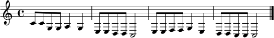 \relative c' {
\clef treble
\key c \major
\time 4/4
c8 c g g a4 g | e8 e d d c2 | e8 e f f g4 e | d8 d c c c2 \bar "|."
}