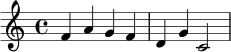 \relative c' {
\key c \major
\time 4/4
f4 a g f |
d4 g c,2
}