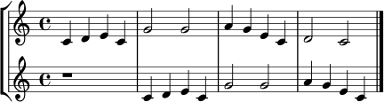 \version "2.22.0"
\score {
\new StaffGroup <<
\new Staff \relative c' { \time 4/4 \key c \major c4 d e c | g'2 g | a4 g e c | d2 c2 \bar "|." }
\new Staff \relative c' { \time 4/4 \key c \major r1 | c4 d e c | g'2 g | a4 g e c \bar "|." }
>>
\layout {}
\midi {}
}