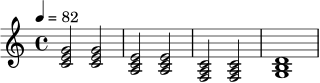 \relative c' {
\tempo 4 = 82
\clef treble
\time 4/4
<c e g>2 <c e g> | <a c e>2 <a c e> | <f a c>2 <f a c> | <g b d>1
}