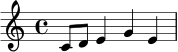 \relative c' { \key c \major \time 4/4 c8 d e4 g4 e4 | }
