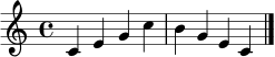 \relative c' { \clef treble \time 4/4 c4 e g c | b g e c | \bar "|." }
