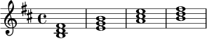 \relative c' {
\key b \minor
\time 4/4
<b d fis>1 <e g b> <a cis e> <b d fis>
}