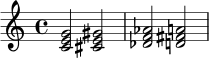 \relative c' { <c e g>2 <cis e gis>2 <des f aes>2 <d fis a>2 }