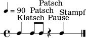 
\version "2.22.0"
\header { tagline = ##f }
\paper { indent = 0\mm }
\score {
  \new RhythmicStaff {
    \tempo 4 = 90
    \time 4/4
    c4^\markup { "Klatsch" } c8^\markup { "Patsch" } c8^\markup { "Patsch" } r4^\markup { "Pause" } c4^\markup { "Stampf" }
    \bar "|."
  }
  \layout { }
  \midi { }
}
