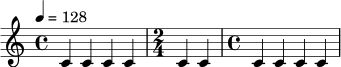 \relative c' {
\tempo 4 = 128
\time 4/4
c4 c c c |
\time 2/4
c4 c |
\time 4/4
c4 c c c |
}