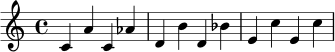{ c'4 a' c' aes' d' b' d' bes' e' c'' e' c'' }