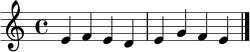 \relative c' { \clef treble \key c \major \time 4/4 e4 f e d e g f e \bar "|." }