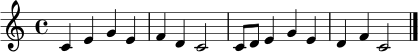 \relative c' {
\time 4/4
c4 e4 g4 e4 |
f4 d4 c2 |
c8 d8 e4 g4 e4 |
d4 f4 c2 \bar "|."
}