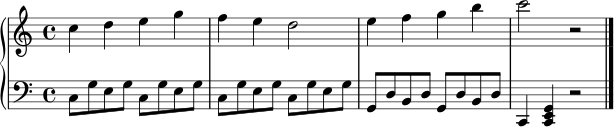 \score {
\new PianoStaff <<
\new Staff = "right" \relative c'' {
\key c \major
\time 4/4
c4 d e g | f4 e d2 | e4 f g b | c2 r2 \bar "|."
}
\new Staff = "left" \relative c {
\clef bass
\key c \major
\time 4/4
c8 g' e g c, g' e g | c, g' e g c, g' e g | g, d' b d g, d' b d | c,4 <c e g> r2 \bar "|."
}
>>
\layout { }
\midi { \tempo 4=92 }
}