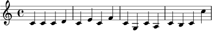 \relative c' { c4 c c d c e c f c g c a c b c c' }