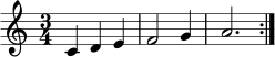 \relative c' {
\clef treble
\time 3/4
c4 d e | f2 g4 | a2. \bar ":|."
}