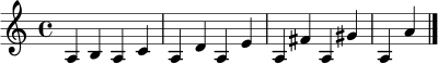 \relative c' { \clef treble \key a \minor \time 4/4 a4 b | a c | a d | a e' | a, fis' | a, gis' | a, a' \bar "|." }
