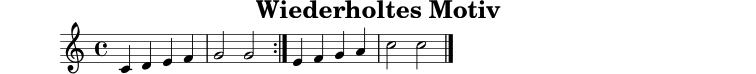 
X:9
T:Wiederholtes Motiv
M:4/4
L:1/4
K:C
|: C D E F | G2 G2 :| E F G A | c2 c2 |]
