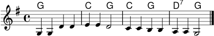 
\score {
  <<
    \new ChordNames \chordmode { g1 c2 g c g d:7 g }
    \new Staff \relative c' {
      \clef treble
      \key g \major
      \time 4/4
      g4 g d' d | e e d2 | c4 c b b | a a g2 \bar "|."
    }
  >>
  \layout { }
  \midi { \tempo 4 = 96 }
}
