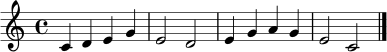 \relative c' {
\clef treble
\key c \major
\time 4/4
c4 d e g | e2 d | e4 g a g | e2 c \bar "|."
}