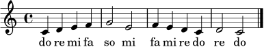 \relative c' {
\clef treble
\key c \major
\time 4/4
c4 d e f | g2 e | f4 e d c | d2 c \bar "|."
}
\addlyrics { do re mi fa so mi fa mi re do re do }