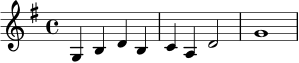 \relative c' {
\key g \major
\time 4/4
g4 b d b | c4 a d2 | g1
}
