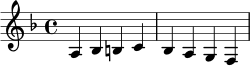 \relative c' {
\clef treble
\key f \major
\time 4/4
a4 bes b! c | bes a g f |
}