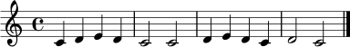 \relative c' {
\clef treble
\key c \major
\time 4/4
c4 d e d | c2 c | d4 e d c | d2 c \bar "|."
}