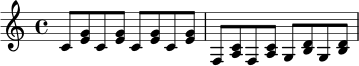 \relative c' {
\time 4/4
\key c \major
c8 <e g> c <e g> c <e g> c <e g> |
f,8 <a c> f <a c> g <b d> g <b d> |
}