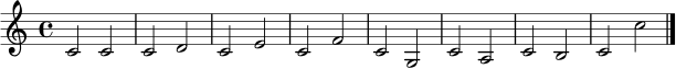 \relative c' { \time 4/4 \key c \major c2 c | c d | c e | c f | c g | c a | c b | c c' \bar "|." }