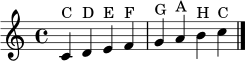 \relative c' { \clef treble \time 4/4 c4^\markup { C } d^\markup { D } e^\markup { E } f^\markup { F } | g^\markup { G } a^\markup { A } b^\markup { H } c^\markup { C } \bar "|." }