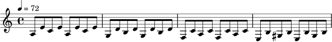
\relative c' {
  \key a \minor
  \time 4/4
  \tempo 4 = 72
  a8 e' c e a, e' c e |
  g, d' b d g, d' b d |
  f, c' a c f, c' a c |
  e, b' gis b e, b' gis b |
}
