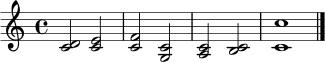 \relative c' { \clef treble \time 4/4 <c d>2 <c e> <c f> <c g> <c a> <c b> <c c'>1 \bar "|." }