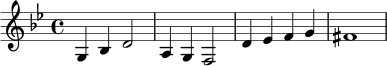 \relative c' {
\key g \minor
\time 4/4
g4 bes d2 |
a4 g f2 |
d'4 ees f g |
fis1 |
}