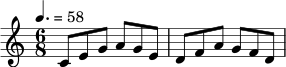 \version "2.24.0"
\relative c' {
\key c \major
\time 6/8
\tempo 4. = 58
c8 e g a g e |
d8 f a g f d |
}